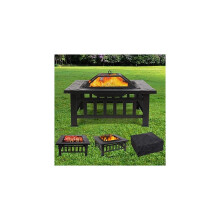 Large 3 in 1 Fire Pit with BBQ Grill Shelf,Outdoor Metal Brazier Square Table Firepit Garden Patio Heater/BBQ/Ice Pit with Waterpro