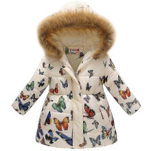 (10-11 Years, White Butterfly) Kids Girl Fur Hooded Parka Coat Padded Puffer Warm Children Outwear Top Winter