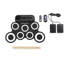 Electric Drum Set Built-in Speaker, Kids Portable Roll Drum Machine with 2 Foot Pedals, Drumsticks White&Black