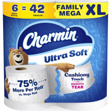 Charmin Ultra Soft Cushiony Touch Toilet Paper, 6 Family Mega XL Rolls = 42 Regular Rolls