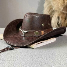 (Brown 1) 1 PC Vintage Faux Leather Western Cowboy Hat For Men Women Outdoor Gentleman Cowgirl Jazz Hats Sombrero Hombre
