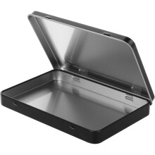 Klein opbergblikje met scharnierend deksel, ideaal voor speelkaarten en oorbellen. Draagbaar mini-metalen doosje.
