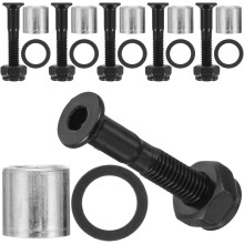 Kit de réparation pour skateboard comprenant 16 boulons de pont noirs, 8 manchons robustes et 16 rondelles.