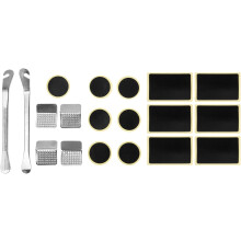 Kit de réparation de pneus de vélo 18 pièces comprenant une râpe métallique, des démonte-pneus et des rustines auto-adhésives.