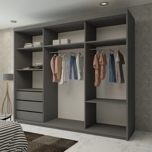 MN Furniture Modern Triple Mirrored Sliding Wardrobes Grey 250cm 2