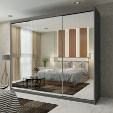 Modern Triple Mirrored Sliding Wardrobes Grey 250cm