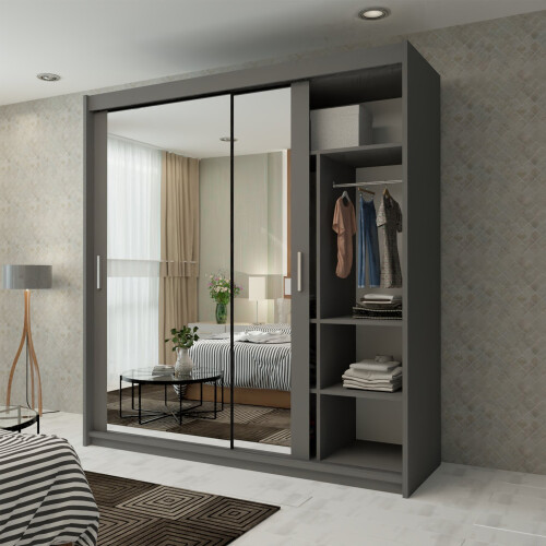 MN Furniture (Grey, 203cm) Ice Sliding Door Wardrobe With Mirror 1