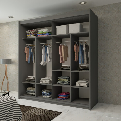 MN Furniture (Grey, 203cm) Ice Sliding Door Wardrobe With Mirror 2