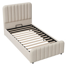 (Beige) Lit avec fonction hydraulique, tĂŞte de lit, rangement et sommier Ă lattes sans matelas