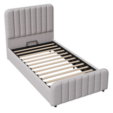 (Grey) Lit avec fonction hydraulique, tĂŞte de lit, rangement et sommier Ă lattes sans matelas