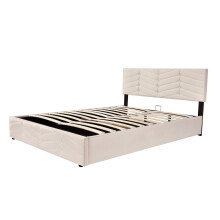 (Beige, 140 x 200cm) Lit capitonné hydraulique avec tête réglable et sommier à lattes sans matelas