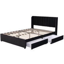 (Black, 140 x 200cm) Lit rembourré avec dossier, 2 tiroirs et sommier à lattes sans matelas