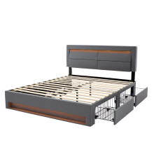 (Grey, 140 x 190cm) Lit capitonné avec USB, charge sans fil, LED et rangement sans matelas