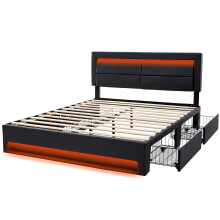 (Black, 140 x 190cm) Lit capitonné avec USB, charge sans fil, LED et rangement sans matelas