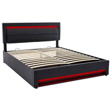 (Black, 160 x 200cm) Lit capitonné avec USB, charge sans fil, LED et rangement sans matelas