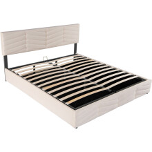 (Beige, 160 x 200cm) Lit capitonné hydraulique avec tête réglable et sommier à lattes sans matelas