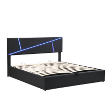 (140 x 200cm) Lit rembourré hydraulique avec LED et sommier à lattes sans matelas