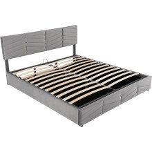 (Gray, 180 x 200cm) Lit capitonné hydraulique avec tête réglable et sommier à lattes sans matelas