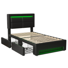(Black, 90 x 200cm) Lit capitonné avec USB, charge sans fil, LED et rangement sans matelas