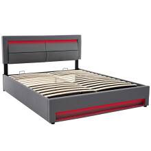 (Grey, 140 x 200cm) Lit capitonné avec USB, charge sans fil, LED et rangement sans matelas