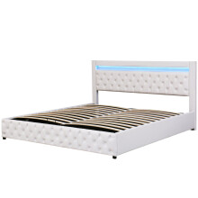 (White, 180 x 200cm) Lit capitonné avec LED, rangement et sommier à lattes sans matelas
