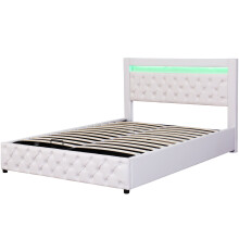 (White, 140 x 200cm) Lit capitonné avec LED, rangement et sommier à lattes sans matelas