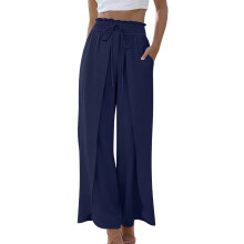 Women's High Wide Leg Pants with Pockets Flowy-Navy Blue L