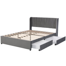 (Gray, 160 x 200cm) Lit rembourré avec dossier, 2 tiroirs et sommier à lattes sans matelas