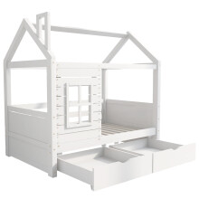 (80 x 160cm) Lit cabane avec barrière anti-chute, fenêtre et sommier à lattes sans matelas