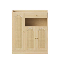 (Natural,Wood) Armoire de rangement avec 1 tiroir, 3 portes et étagères réglables