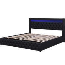 (Black, 140 x 190cm) Lit capitonné avec LED, rangement et sommier à lattes sans matelas