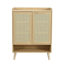 Armoire rotin naturel - 2 portes - 5 étagères - poignées bois - pieds bois massif - 80x105x35 cm