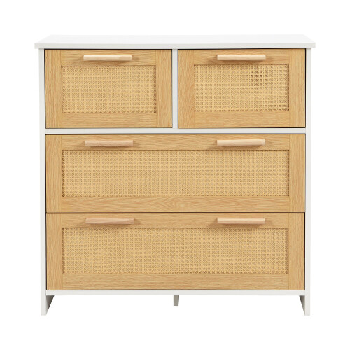 (Natural,White) Commode avec 4 tiroirs et poignées pour rangement