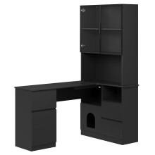 Bureau d’angle avec étagère et vitrine LED - 120x80x180 cm - passe câbles - 3 tiroirs - 2 portes - étagères ouvertes - bibliothèque intégrée