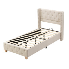 (Beige, 90 x 190cm) Lit capitonné avec pieds bois et sommier à lattes sans matelas