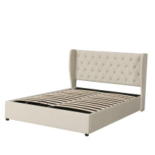 (Beige, 140 x 200cm) Lit capitonné hydraulique avec sommier à lattes et rangement sans matelas