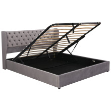 (Grey, 180 x 200cm) Lit capitonné hydraulique avec sommier à lattes et rangement sans matelas