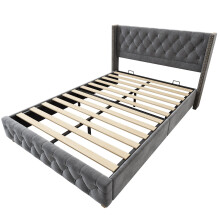 (Grey, 140 x 190cm) Lit capitonné avec pieds bois et sommier à lattes sans matelas