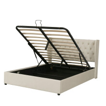 (Beige, 180 x 200cm) Lit capitonné hydraulique avec sommier à lattes et rangement sans matelas