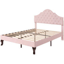 (Pink, 140 x 200cm) Lit capitonné avec tête réglable et sommier à lattes sans matelas