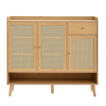 Armoire rotin naturel - 3 portes - 1 tiroir - 5 étagères - poignées métal - pieds bois massif - 120x106x35 cm