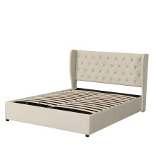 (Beige, 140 x 190cm) Lit capitonné hydraulique avec sommier à lattes et rangement sans matelas