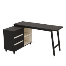 150x100x76 cm - bureau L - 3 tiroirs+rangements ouverts - pieds acier - plateau spacieux - noir+blanc