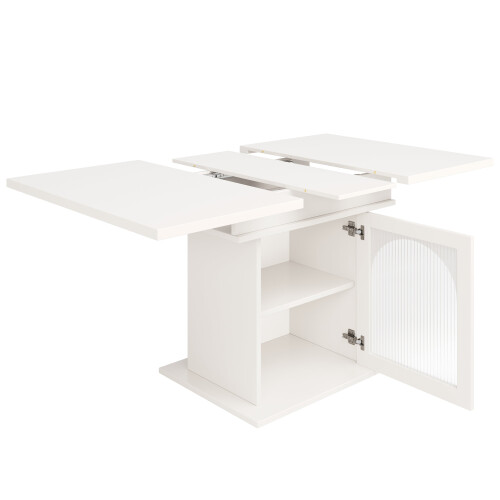 (White) Table télescopique avec 3 niveaux de rangement, table à manger multifonction