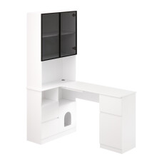 Bureau d’angle avec étagère et vitrine LED - 120x80x180 cm - passe câbles - 3 tiroirs - 2 portes -bibliothèque intégrée