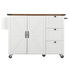 (Beige) ĂŽlot de cuisine avec plan extensible, chariot de service, 2 portes et 3 tiroirs