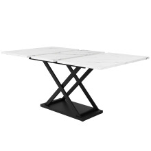 Table télescopique 120-16080 cm, pieds croisés fer noir, blanc marbré, cuisine/salon