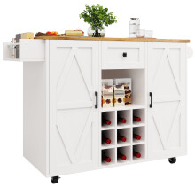Îlot cuisine bois veiné, chariot multifonction, rangement + étagères snack + armoires