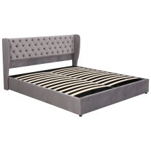 (Grey, 160 x 200cm) Lit capitonné hydraulique avec sommier à lattes et rangement sans matelas