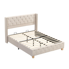 (Beige, 160 x 200cm) Lit capitonné avec pieds bois et sommier à lattes sans matelas